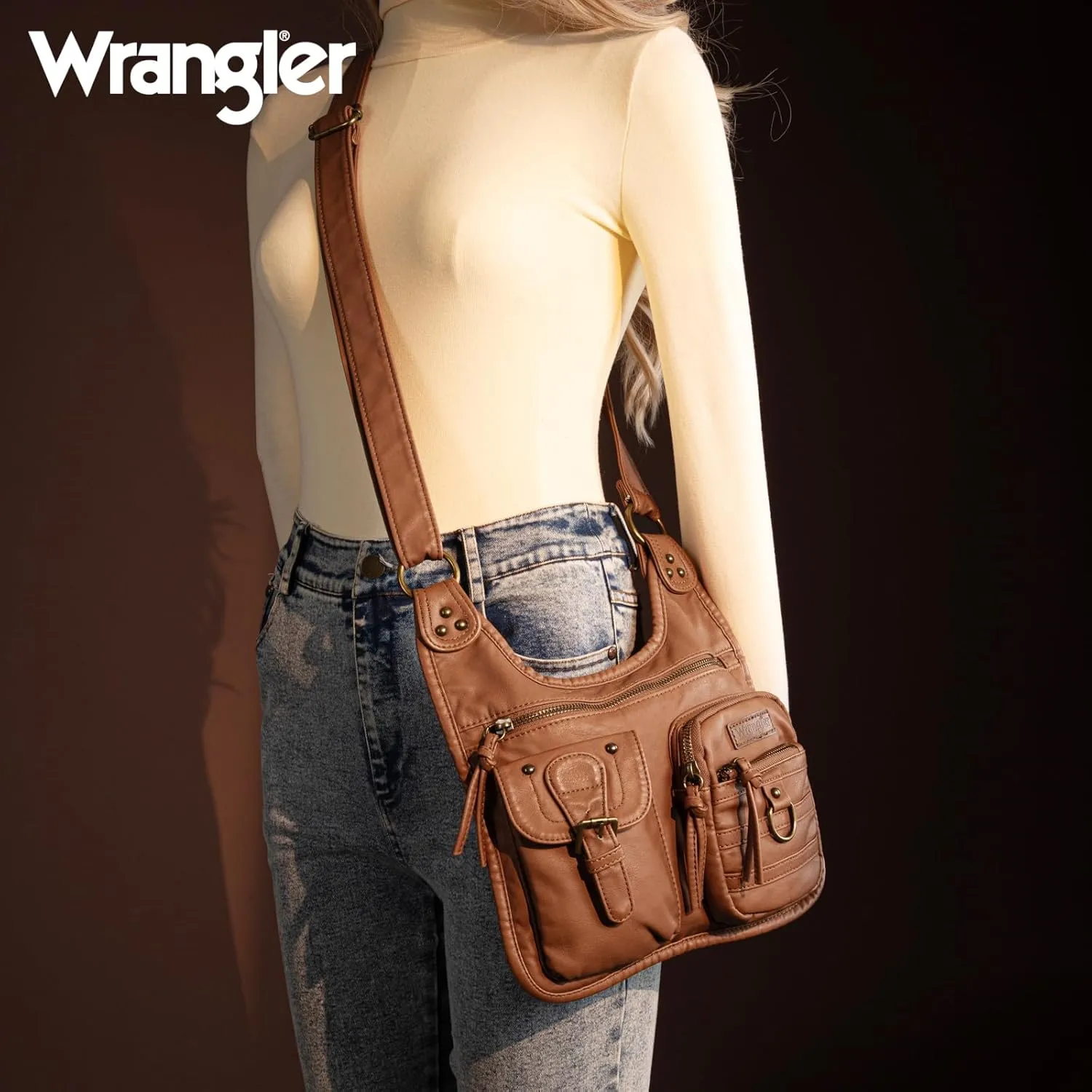 Wrangler Crossbody Bag for Women Small Soft Washed Leather Multi Pocket Shoulder Purses