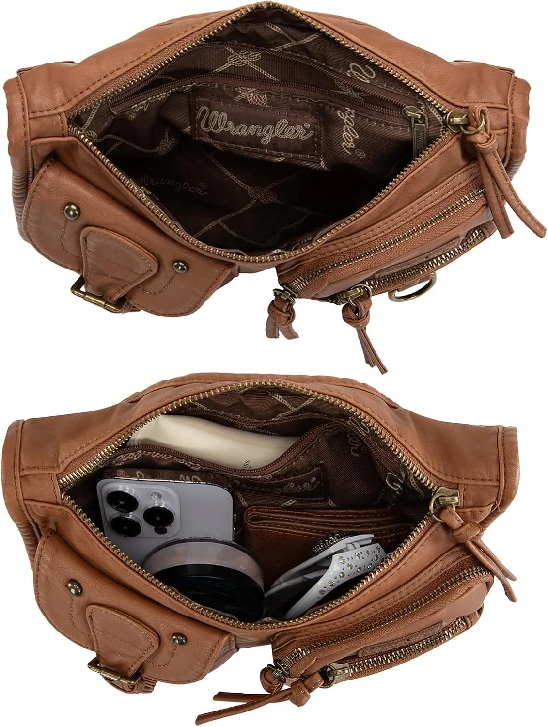 Wrangler Crossbody Bag for Women Small Soft Washed Leather Multi Pocket Shoulder Purses