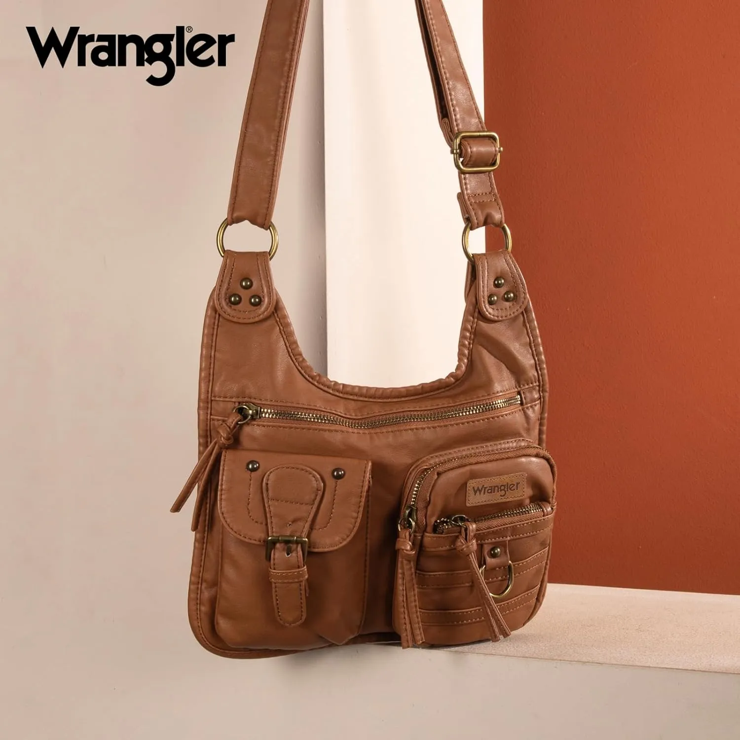 Wrangler Crossbody Bag for Women Small Soft Washed Leather Multi Pocket Shoulder Purses
