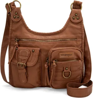 Wrangler Crossbody Bag for Women Small Soft Washed Leather Multi Pocket Shoulder Purses