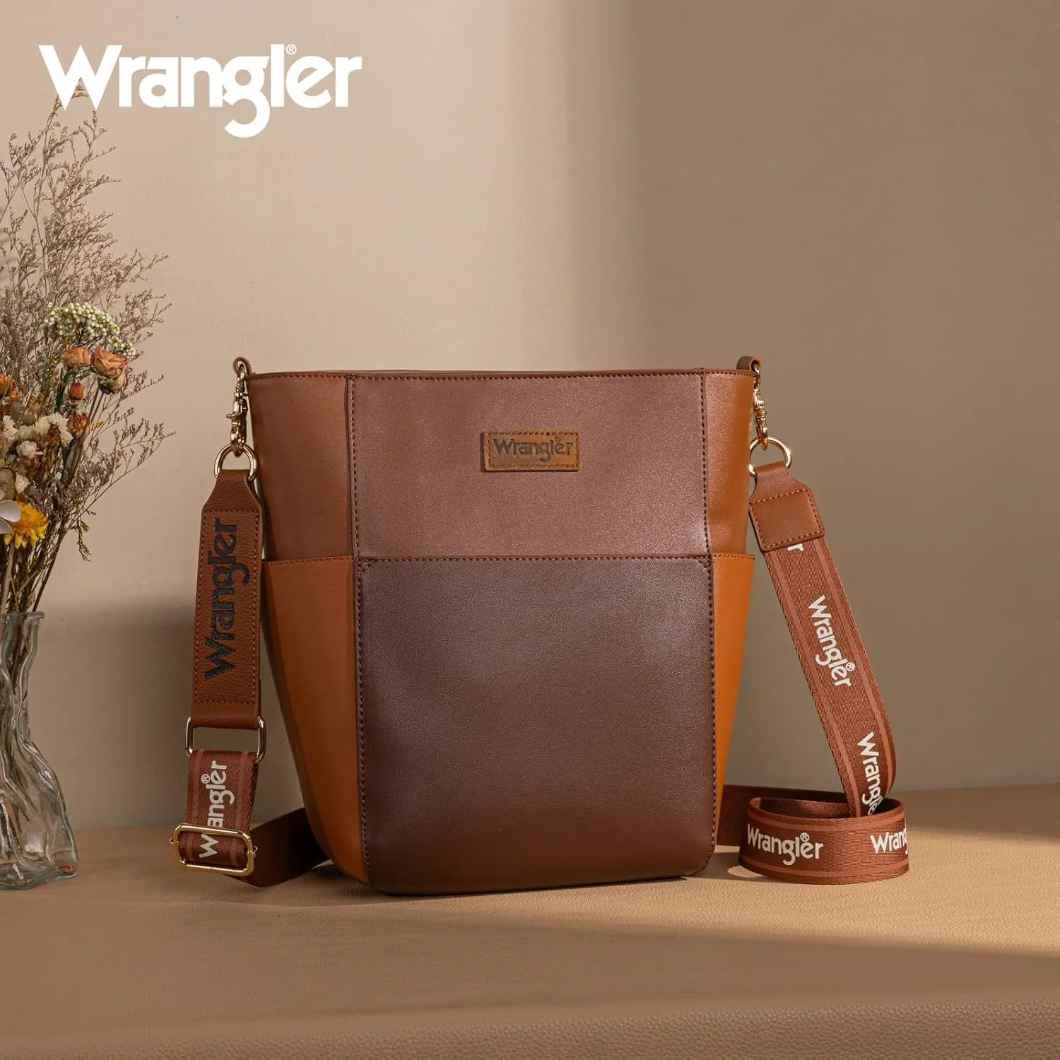 Wrangler MEDIUM Crossbody Bag for Women Vegan Leather Bucket Handbags with Guitar Strap