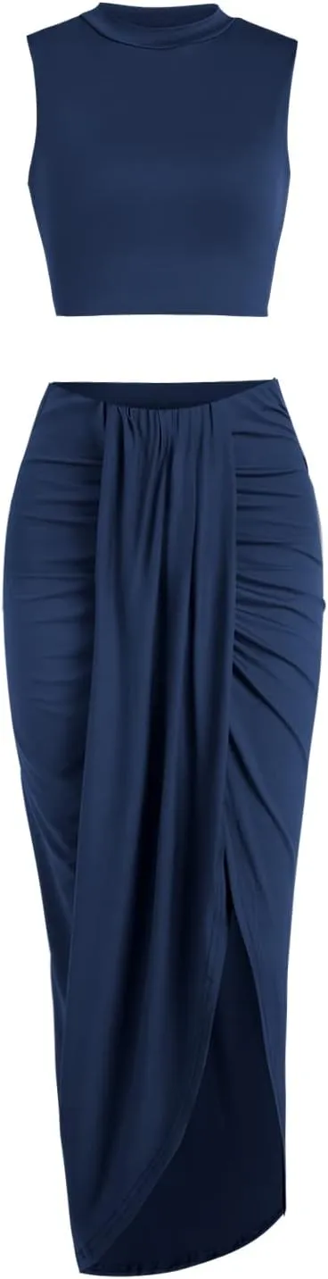 ZAFUL Women's Casual Sleeveless Summer Two Piece Outfits Crop Top and Side Split Draped Ruched Maxi Skirt Set Solid Suiting