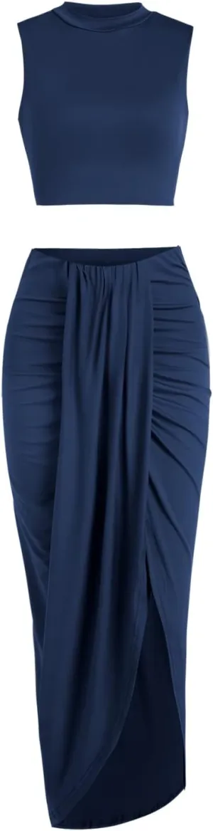 ZAFUL Women's Casual Sleeveless Summer Two Piece Outfits Crop Top and Side Split Draped Ruched Maxi Skirt Set Solid Suiting