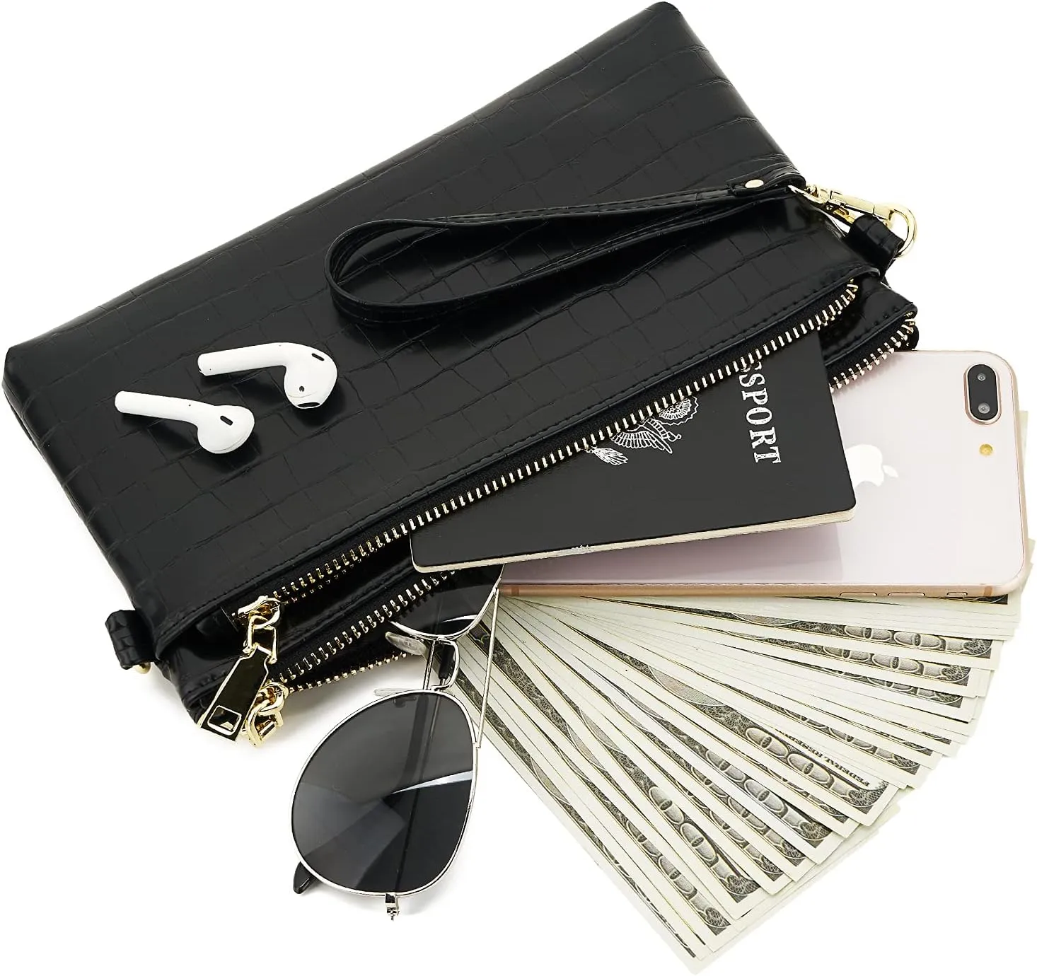 ZOOEASS Triple Zip Small Crossbody Bag Lightweight Purses Vegan Leather Wristlet Clutch, Includes Adjustable Shoulder