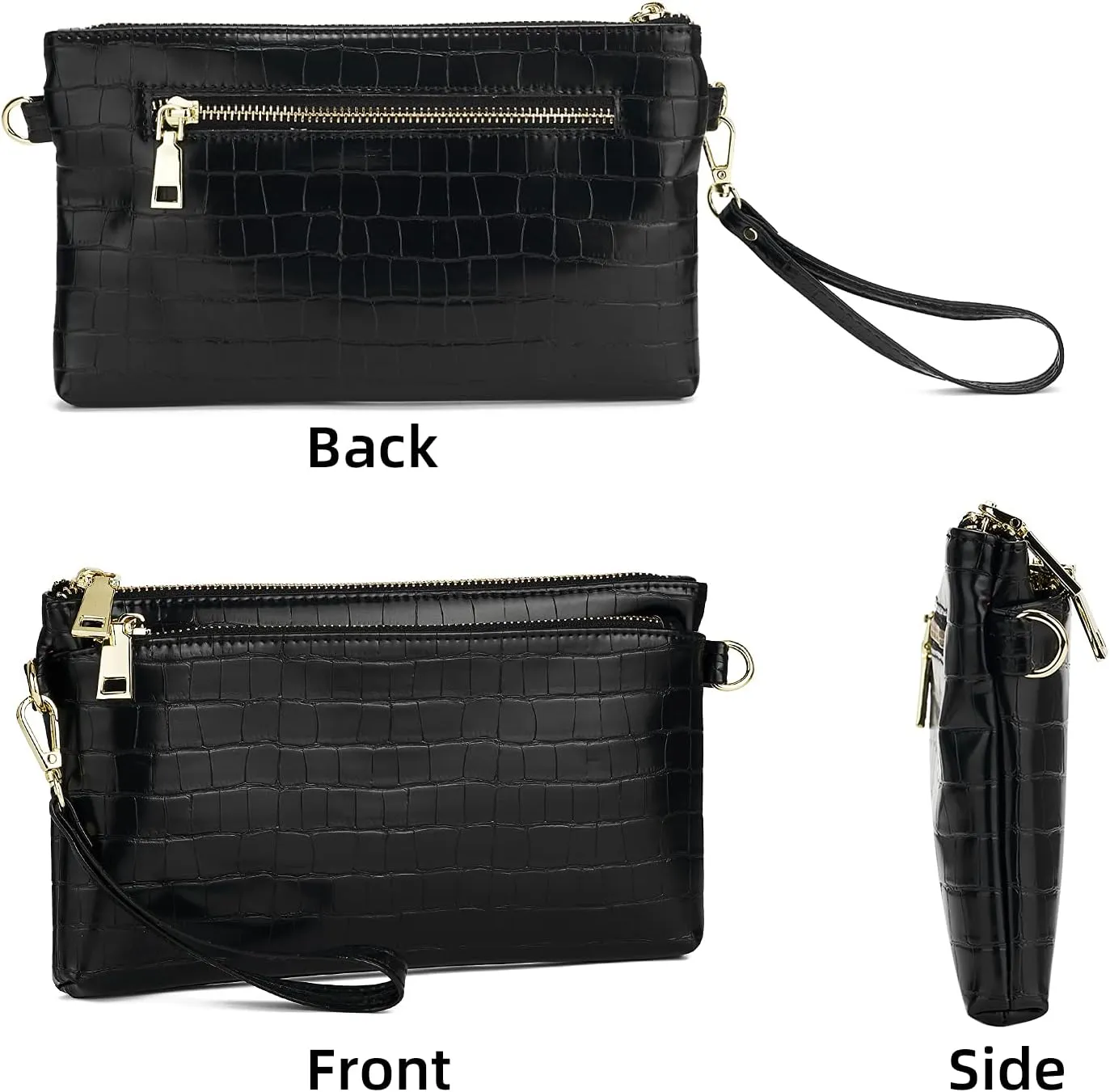 ZOOEASS Triple Zip Small Crossbody Bag Lightweight Purses Vegan Leather Wristlet Clutch, Includes Adjustable Shoulder