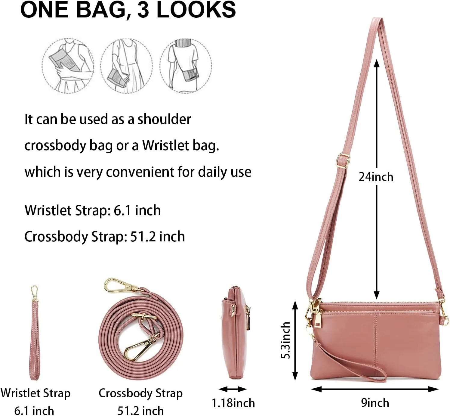 ZOOEASS Triple Zip Small Crossbody Bag Lightweight Purses Vegan Leather Wristlet Clutch, Includes Adjustable Shoulder