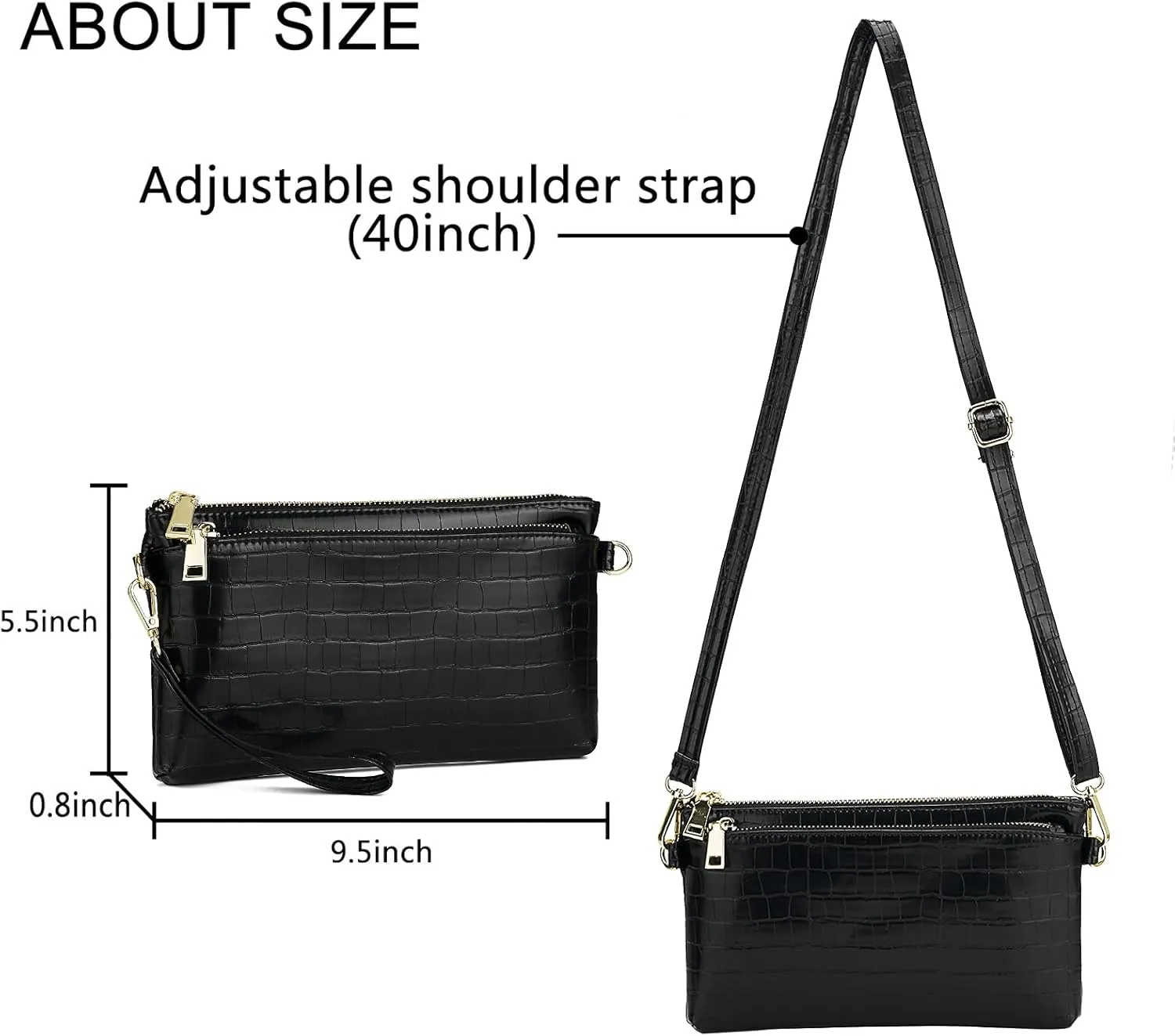ZOOEASS Triple Zip Small Crossbody Bag Lightweight Purses Vegan Leather Wristlet Clutch, Includes Adjustable Shoulder