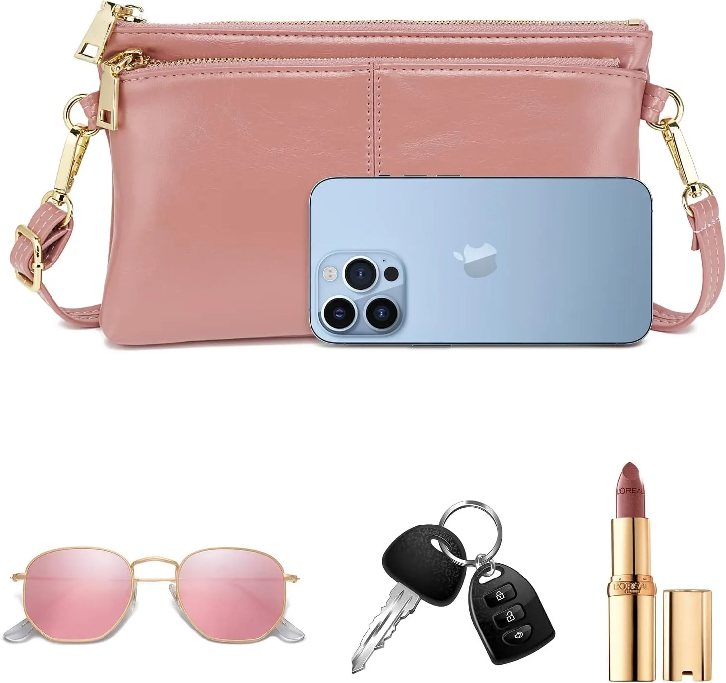 ZOOEASS Triple Zip Small Crossbody Bag Lightweight Purses Vegan Leather Wristlet Clutch, Includes Adjustable Shoulder