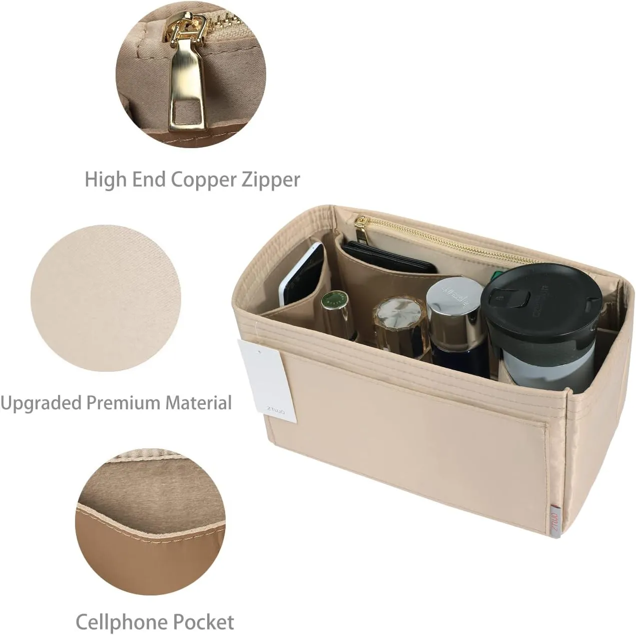 ZTUJO Purse Organizer Insert For Handbags, Silky Touching Bag Organizer Insert With Bottle Holder, Perfect for Speedy, Neverfull, Tote,ONTHEGO,Artsy,Handbag and More (X-Large, Silky Beige)